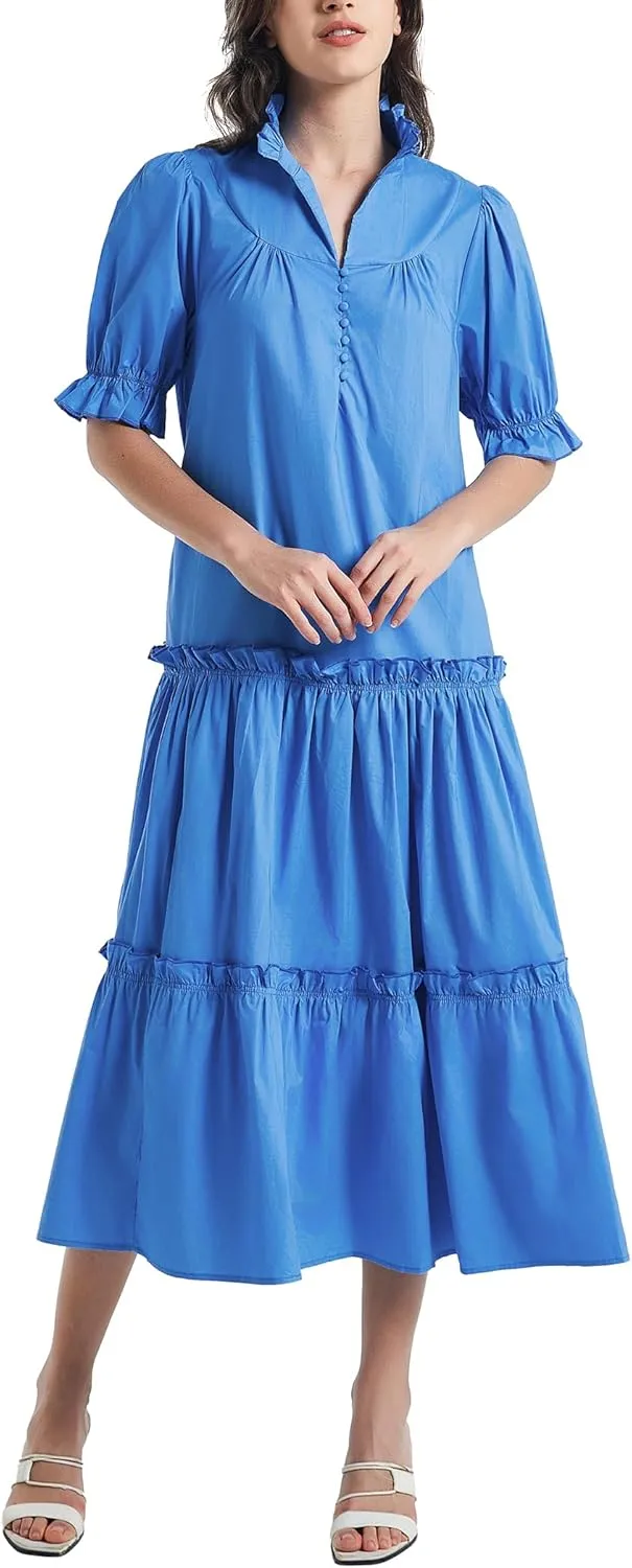 D-Sun Women Casual Button Down Maxi Dress Short Puff Sleeves Stand Collar Tiered Elegant Flowy Swing Long Dress with Tie