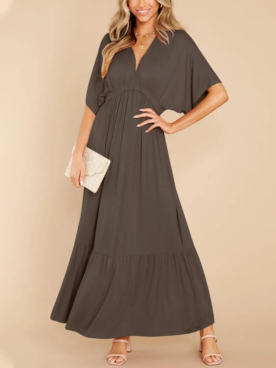 DEEP SELF Women’s Summer V Neck Batwing Short Sleeve Maxi Dress Casual Loose High Waist Flowy Long Beach Dress