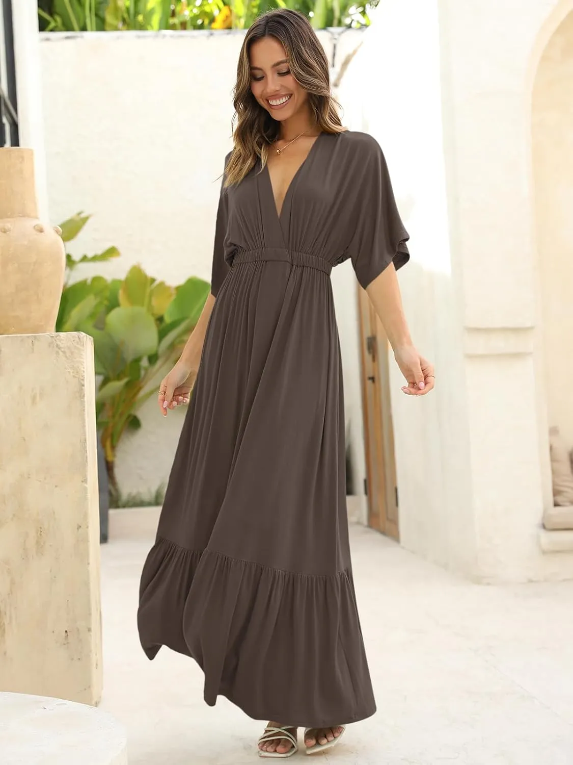 DEEP SELF Women’s Summer V Neck Batwing Short Sleeve Maxi Dress Casual Loose High Waist Flowy Long Beach Dress