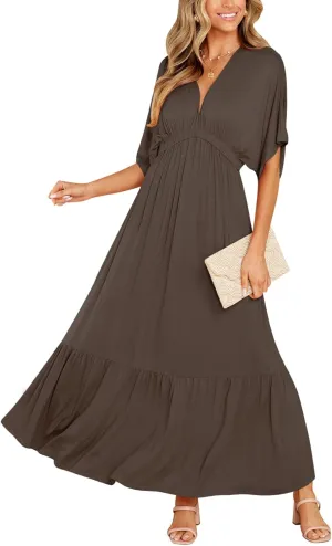 DEEP SELF Women’s Summer V Neck Batwing Short Sleeve Maxi Dress Casual Loose High Waist Flowy Long Beach Dress