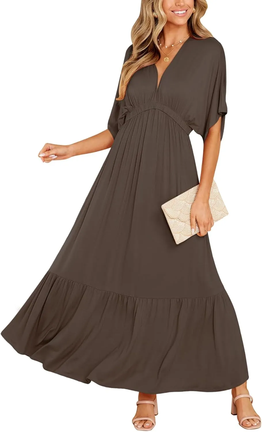 DEEP SELF Women’s Summer V Neck Batwing Short Sleeve Maxi Dress Casual Loose High Waist Flowy Long Beach Dress
