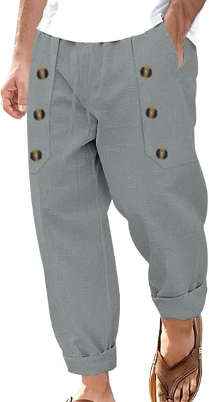 DGHM-JLMY Men's Multi Button Cotton Linen Loose Pants Trendy Essential Hip Hop Trousers Daily Casual Hawaiian Beach Pant