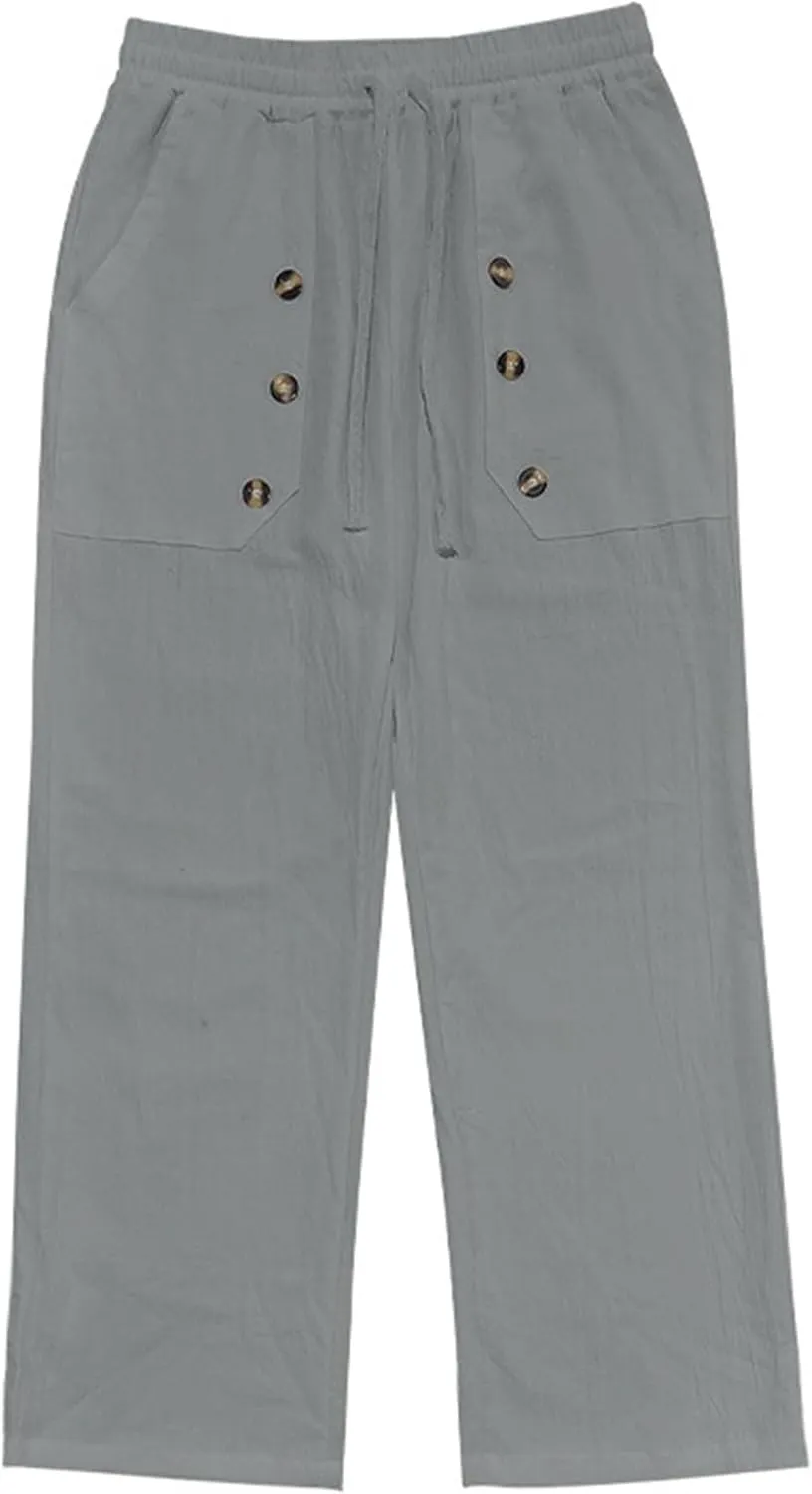 DGHM-JLMY Men's Multi Button Cotton Linen Loose Pants Trendy Essential Hip Hop Trousers Daily Casual Hawaiian Beach Pant