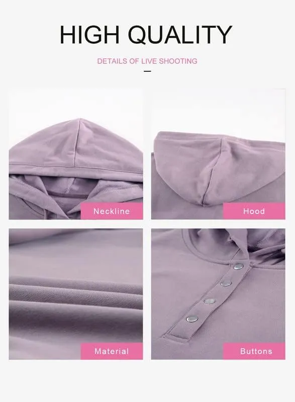 Dokotoo Womens 2025 Hoodies Button Collar Drawstring Hooded Pullover Sweatshirt Casual Long Sleeve Tops Shirts