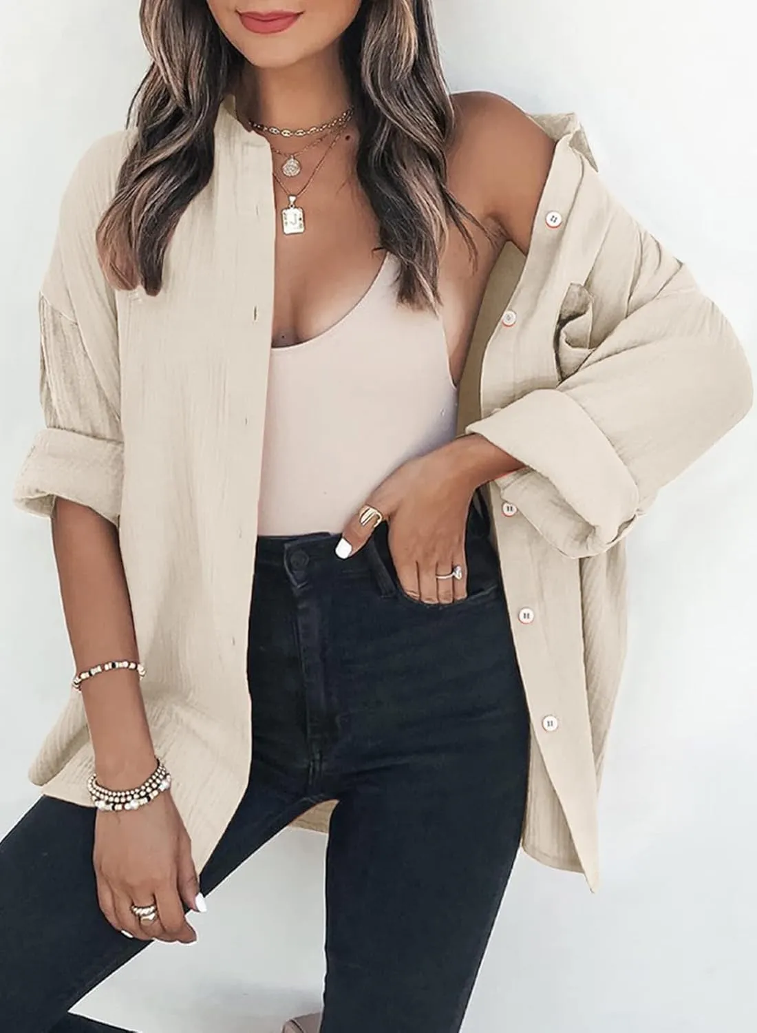 Dokotoo Womens Color Block Button Down Shirts Long Sleeve Oversized Boyfriend Blouses Tops