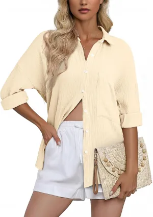 Dokotoo Womens Color Block Button Down Shirts Long Sleeve Oversized Boyfriend Blouses Tops
