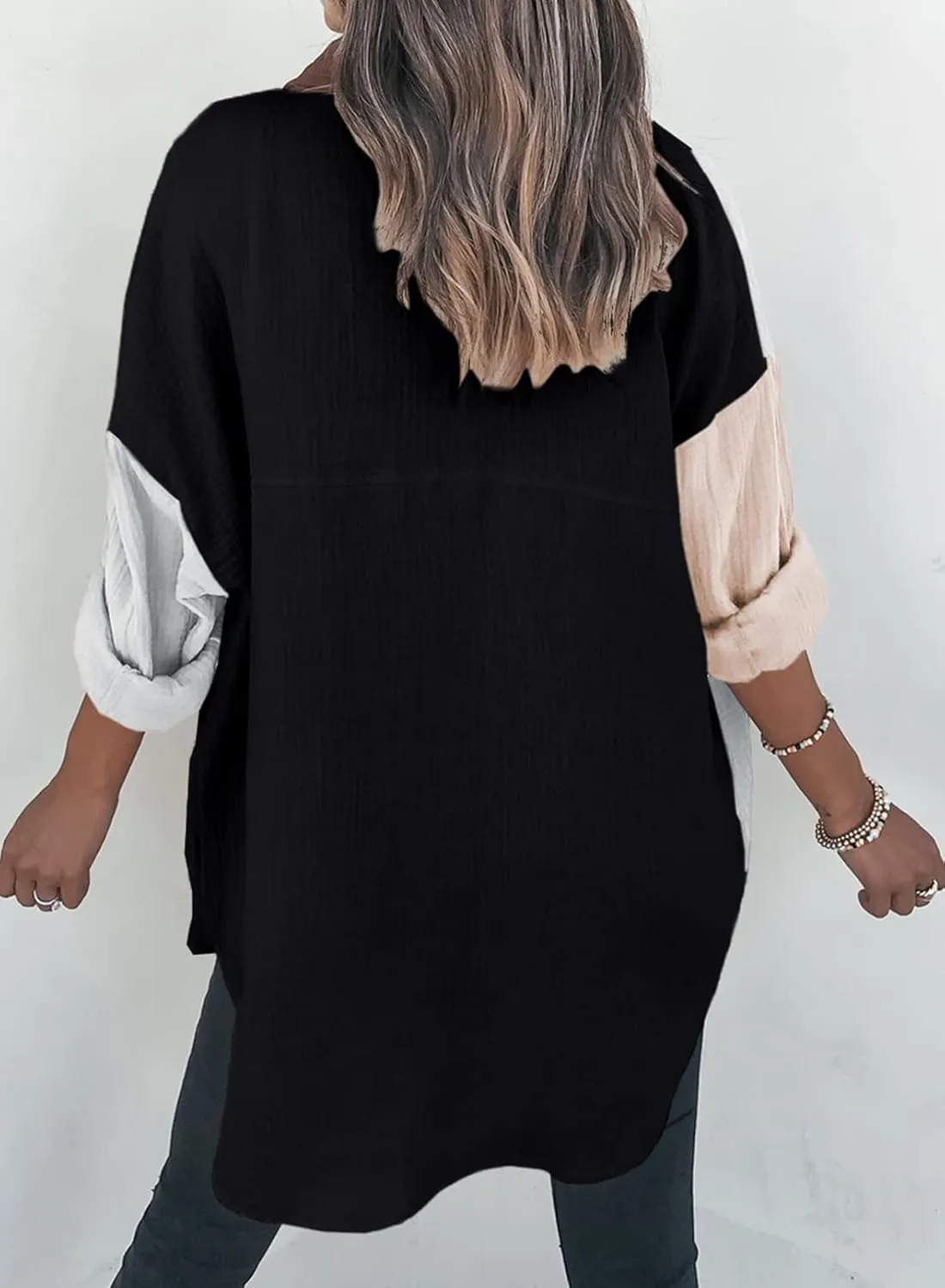 Dokotoo Womens Color Block Button Down Shirts Long Sleeve Oversized Boyfriend Blouses Tops