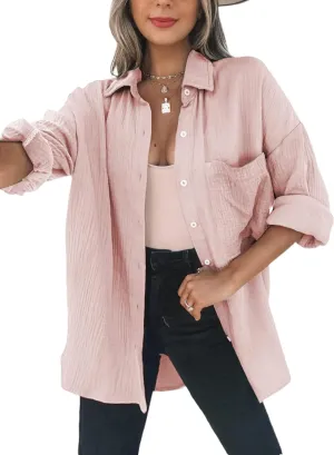 Dokotoo Womens Color Block Button Down Shirts Long Sleeve Oversized Boyfriend Blouses Tops