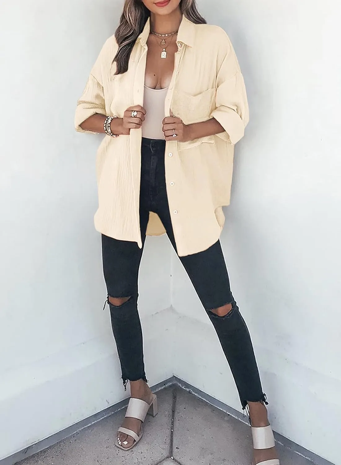 Dokotoo Womens Color Block Button Down Shirts Long Sleeve Oversized Boyfriend Blouses Tops