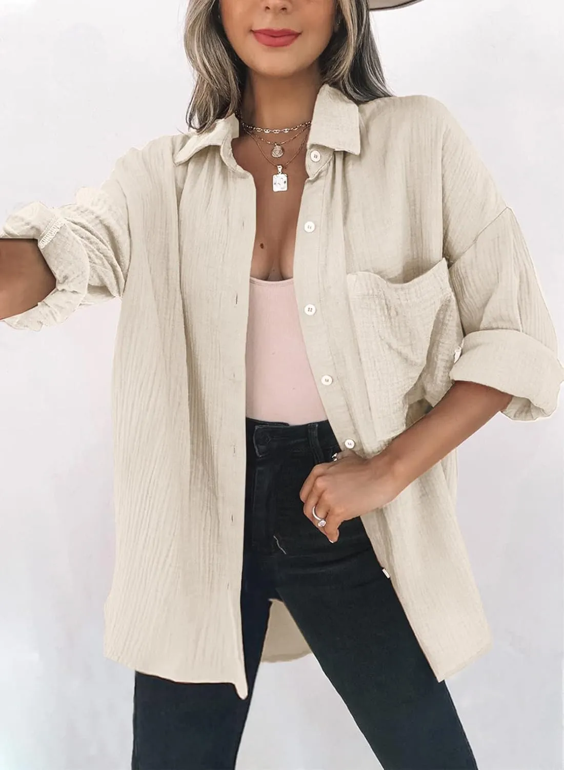 Dokotoo Womens Color Block Button Down Shirts Long Sleeve Oversized Boyfriend Blouses Tops