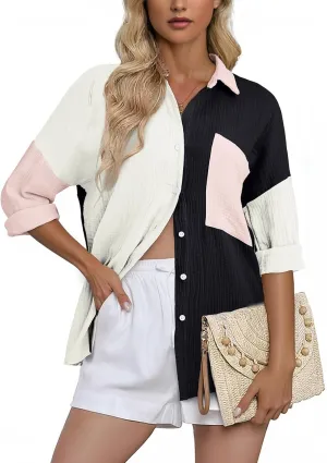 Dokotoo Womens Color Block Button Down Shirts Long Sleeve Oversized Boyfriend Blouses Tops