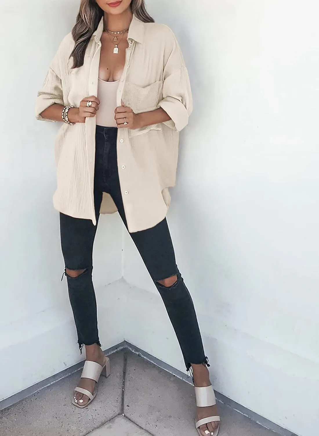 Dokotoo Womens Color Block Button Down Shirts Long Sleeve Oversized Boyfriend Blouses Tops