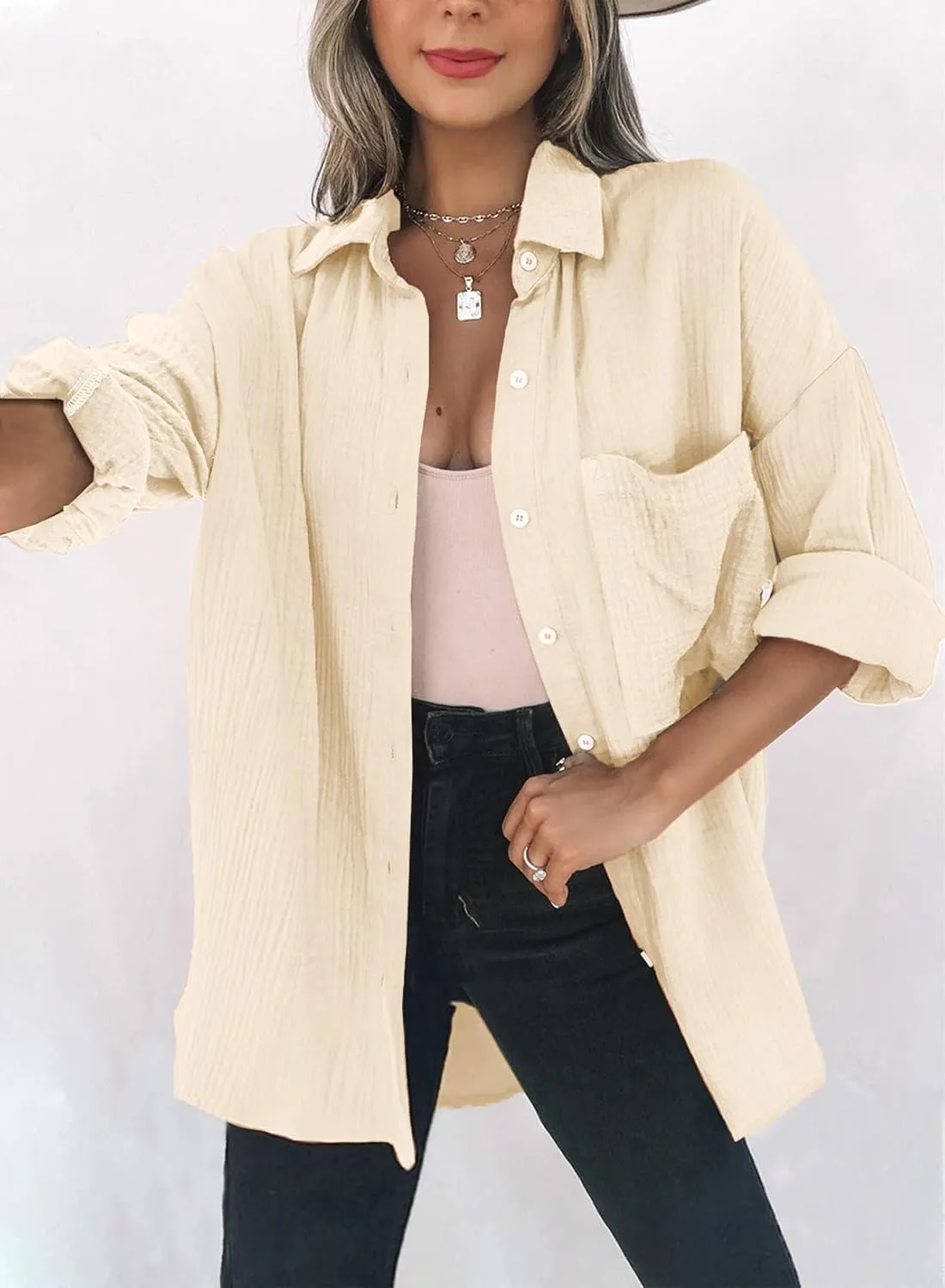 Dokotoo Womens Color Block Button Down Shirts Long Sleeve Oversized Boyfriend Blouses Tops
