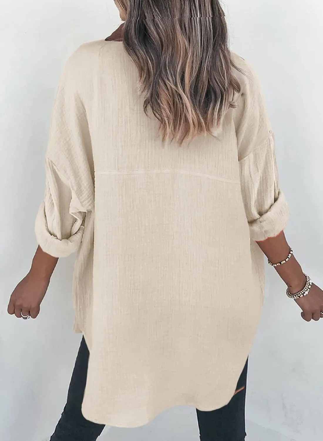 Dokotoo Womens Color Block Button Down Shirts Long Sleeve Oversized Boyfriend Blouses Tops