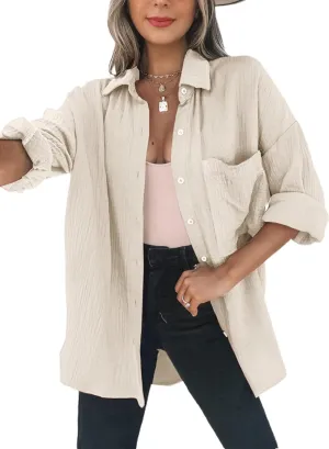 Dokotoo Womens Color Block Button Down Shirts Long Sleeve Oversized Boyfriend Blouses Tops