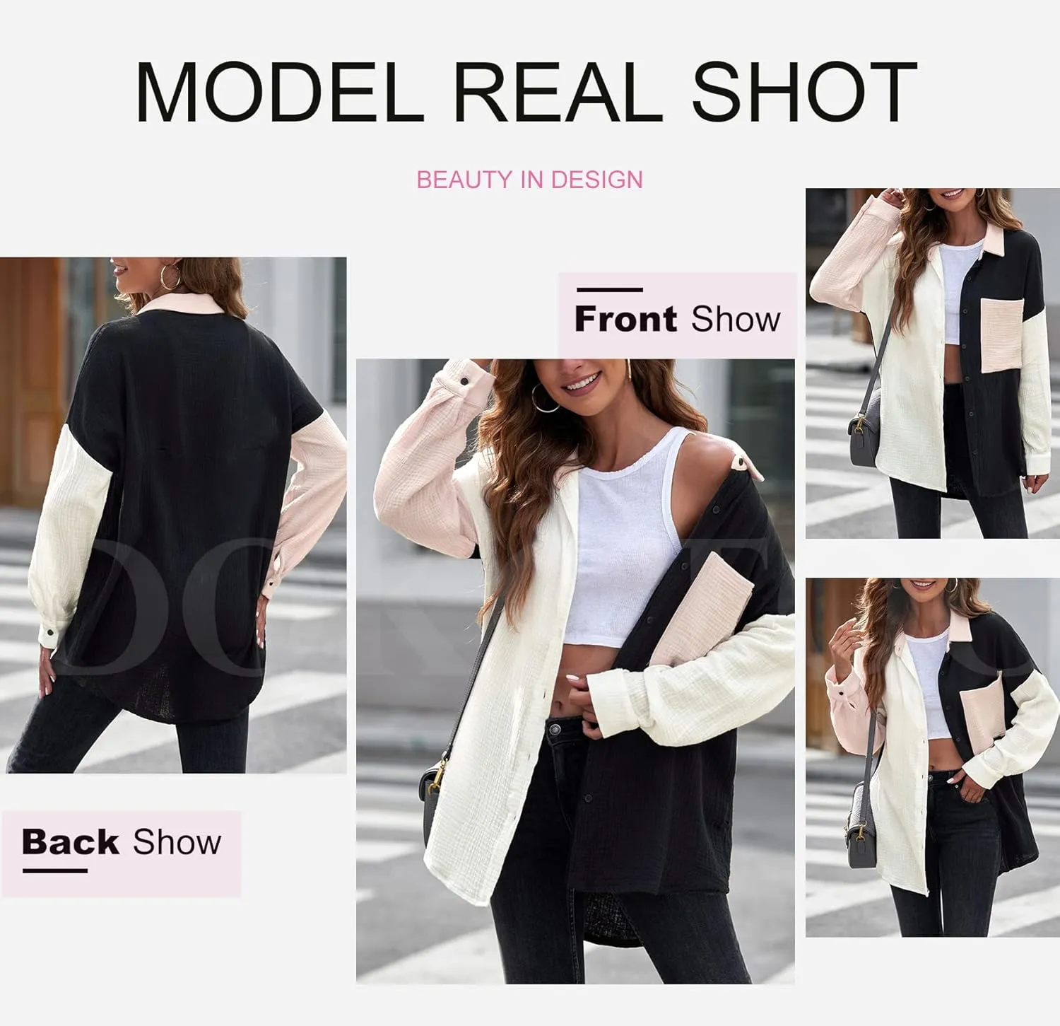 Dokotoo Womens Color Block Button Down Shirts Long Sleeve Oversized Boyfriend Blouses Tops