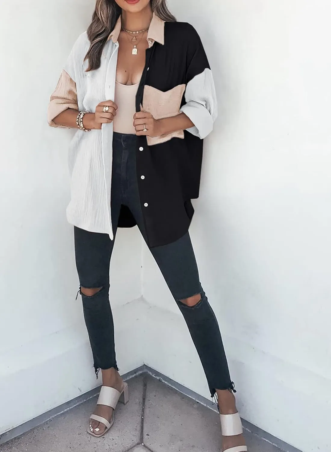 Dokotoo Womens Color Block Button Down Shirts Long Sleeve Oversized Boyfriend Blouses Tops