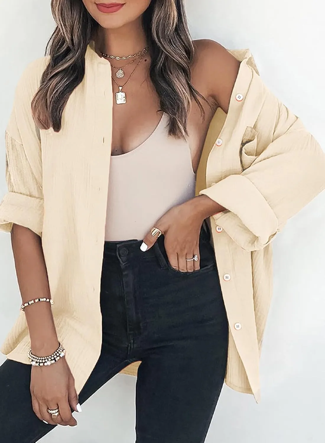 Dokotoo Womens Color Block Button Down Shirts Long Sleeve Oversized Boyfriend Blouses Tops