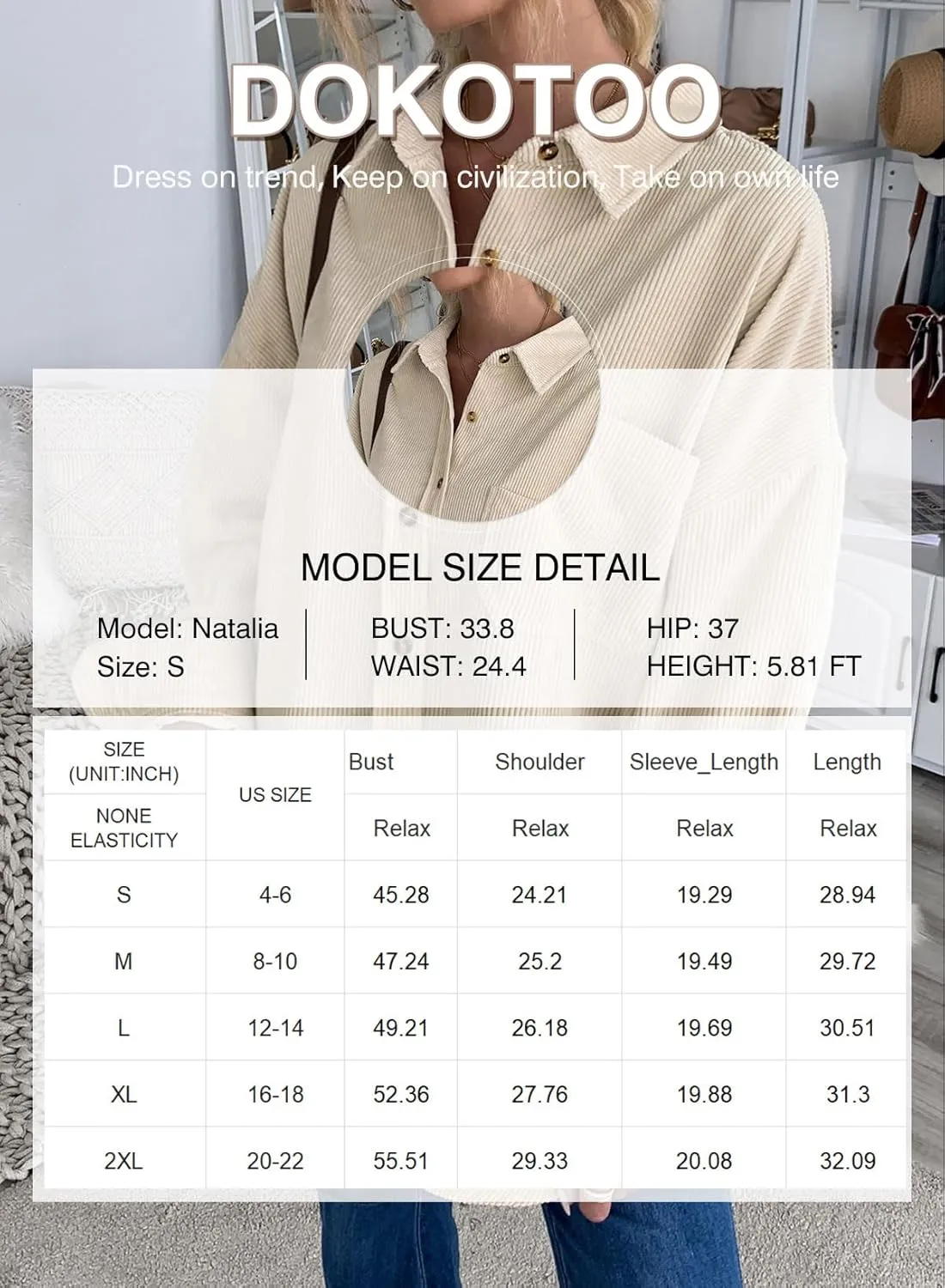 Dokotoo Womens Corduroy Button Down Shirts Boyfriend Long Sleeve Oversized Blouses Tops