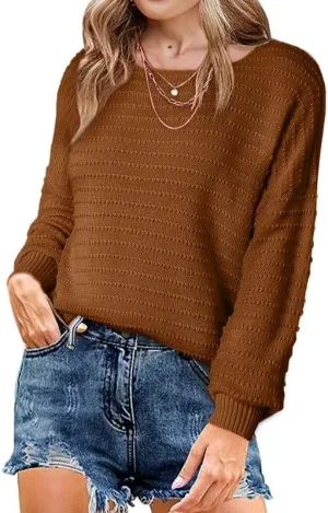 Dokotoo Womens Ribbed Knit Textured Drop Shoulder Long Sleeve Crew Neck Pullover Sweaters