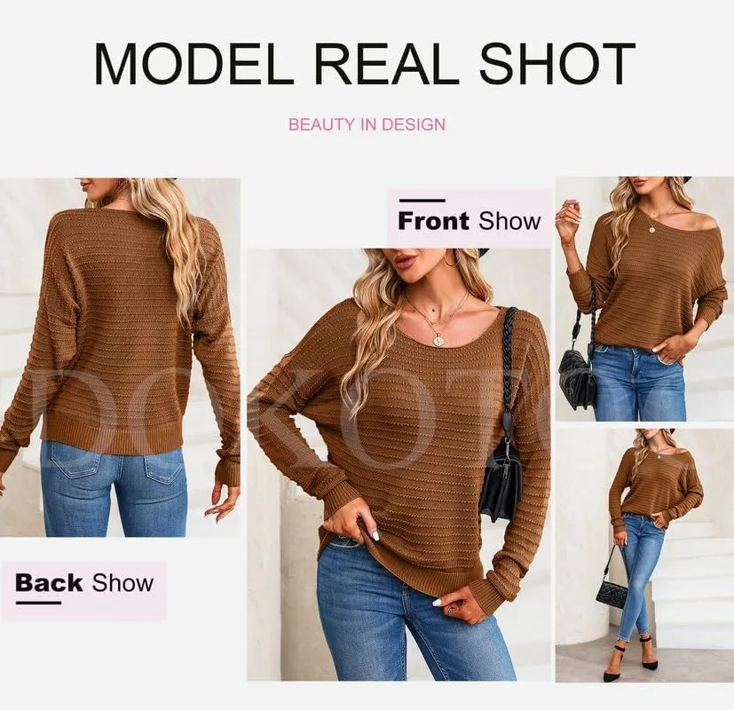 Dokotoo Womens Ribbed Knit Textured Drop Shoulder Long Sleeve Crew Neck Pullover Sweaters