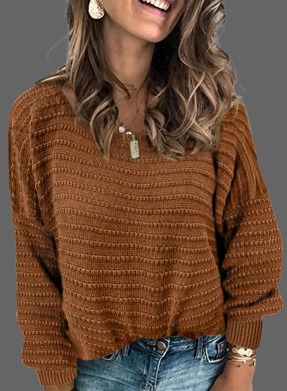Dokotoo Womens Ribbed Knit Textured Drop Shoulder Long Sleeve Crew Neck Pullover Sweaters