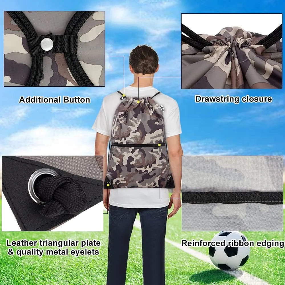 draw string back bag, Large Gym Sports string backpack for men and women with front zipper pocket and inside zipper pocket to keep key or phone (brown camo)