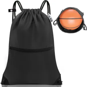 draw string back bag, Large Gym Sports string backpack for men and women with front zipper pocket and inside zipper pocket to keep key or phone(black)
