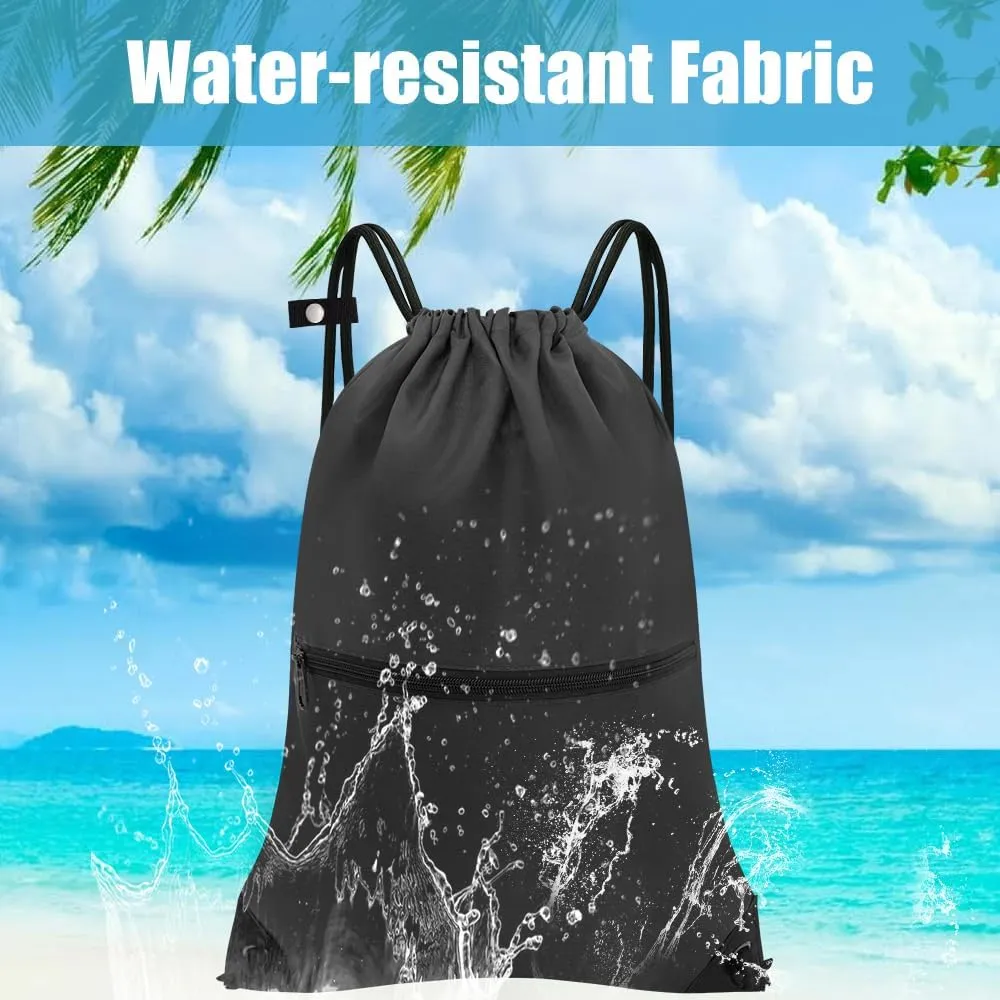 draw string back bag, Large Gym Sports string backpack for men and women with front zipper pocket and inside zipper pocket to keep key or phone(black)