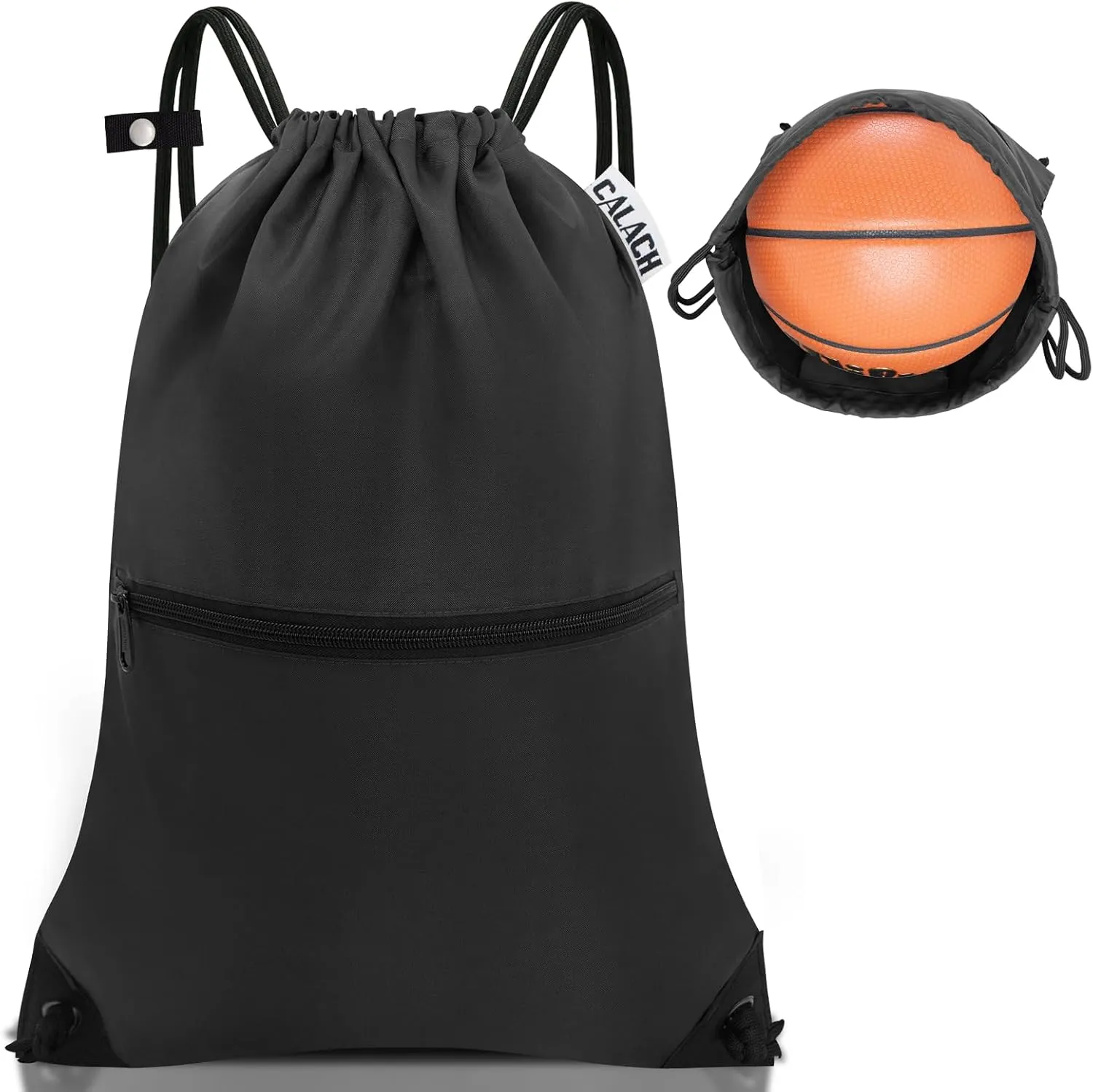 draw string back bag, Large Gym Sports string backpack for men and women with front zipper pocket and inside zipper pocket to keep key or phone(black)