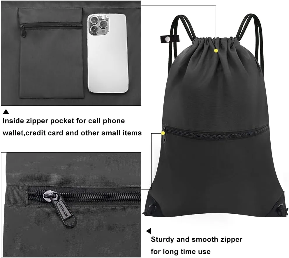 draw string back bag, Large Gym Sports string backpack for men and women with front zipper pocket and inside zipper pocket to keep key or phone(black)