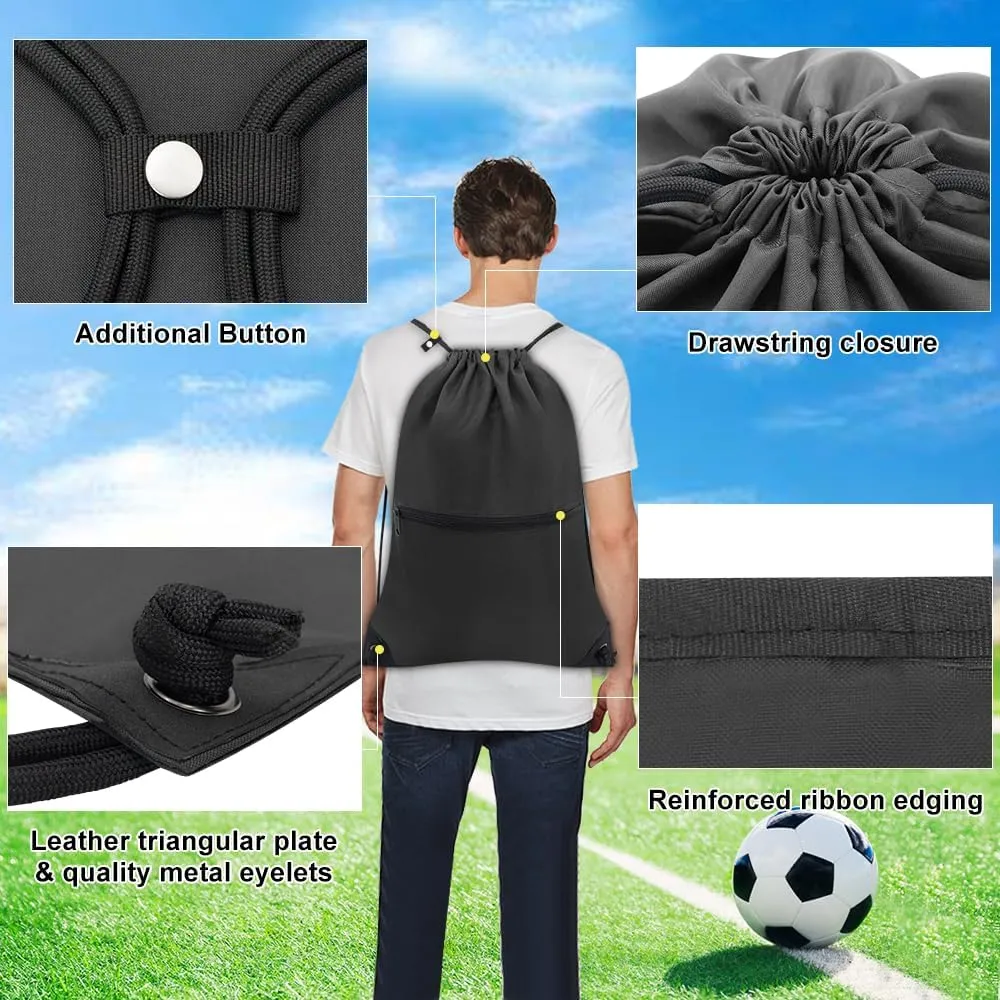 draw string back bag, Large Gym Sports string backpack for men and women with front zipper pocket and inside zipper pocket to keep key or phone(black)