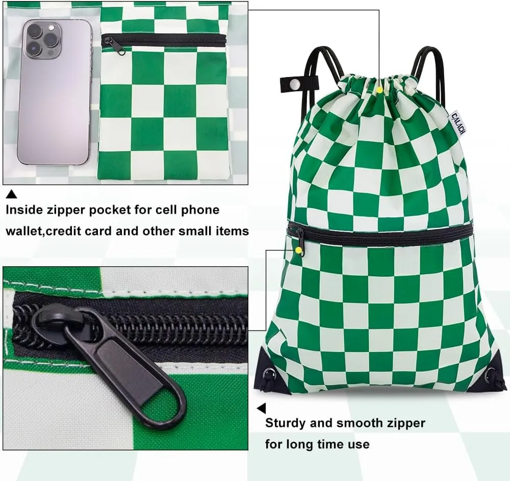 draw string back bag, Large Gym Sports string backpack for men and women with front zipper pocket(Greencheckered)