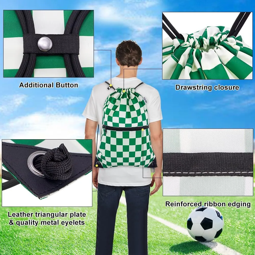 draw string back bag, Large Gym Sports string backpack for men and women with front zipper pocket(Greencheckered)