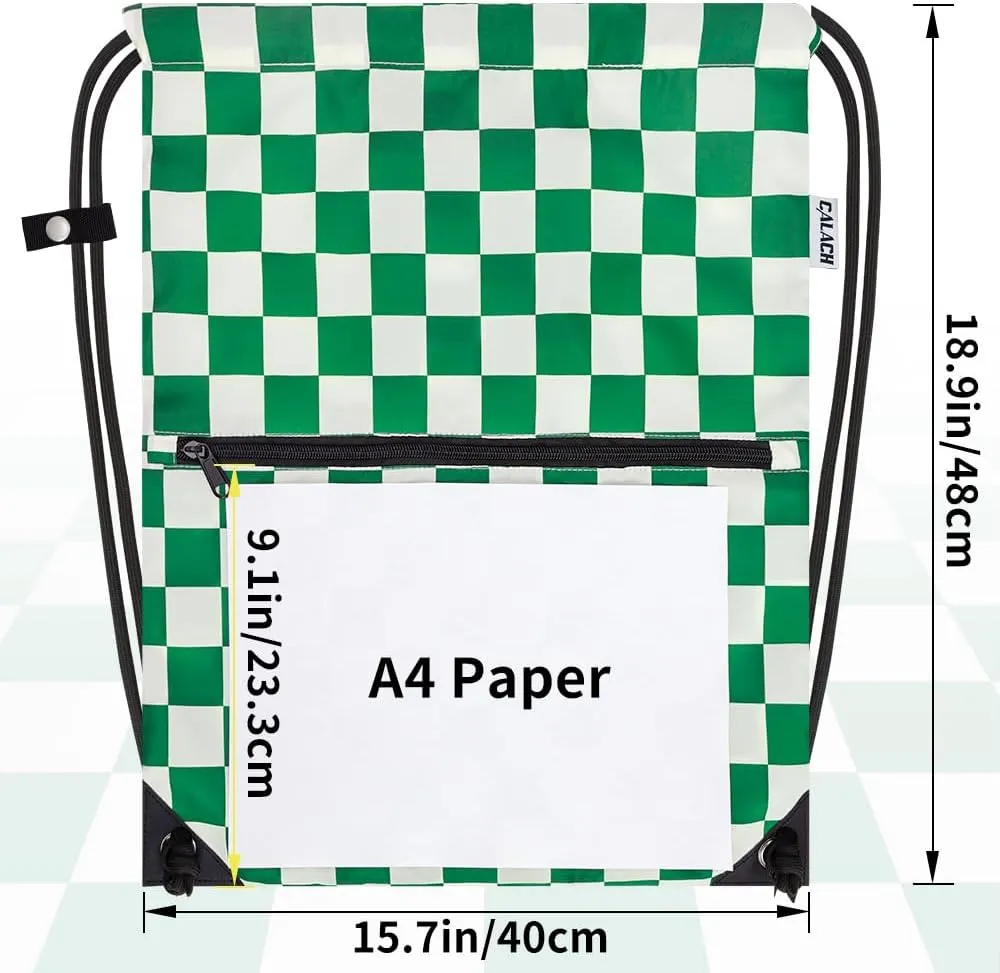 draw string back bag, Large Gym Sports string backpack for men and women with front zipper pocket(Greencheckered)