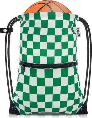 draw string back bag, Large Gym Sports string backpack for men and women with front zipper pocket(Greencheckered)