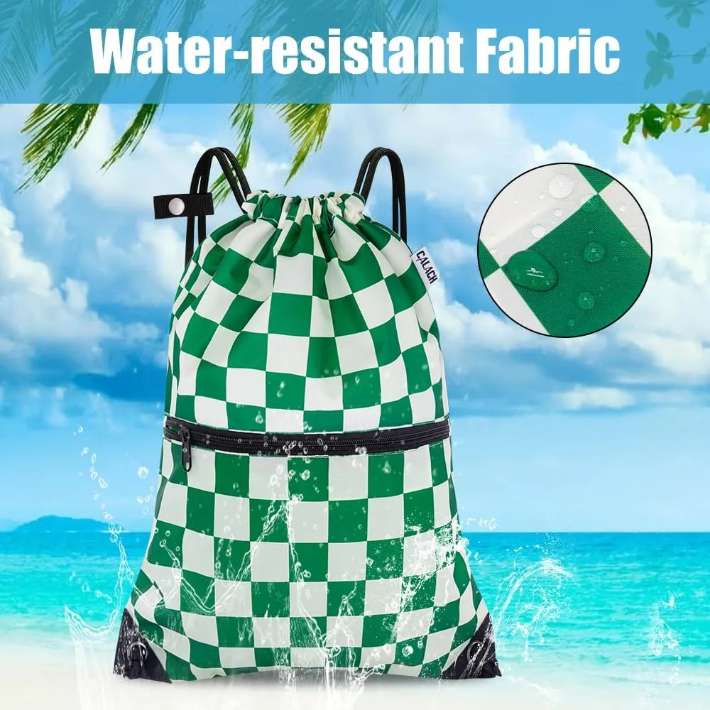 draw string back bag, Large Gym Sports string backpack for men and women with front zipper pocket(Greencheckered)