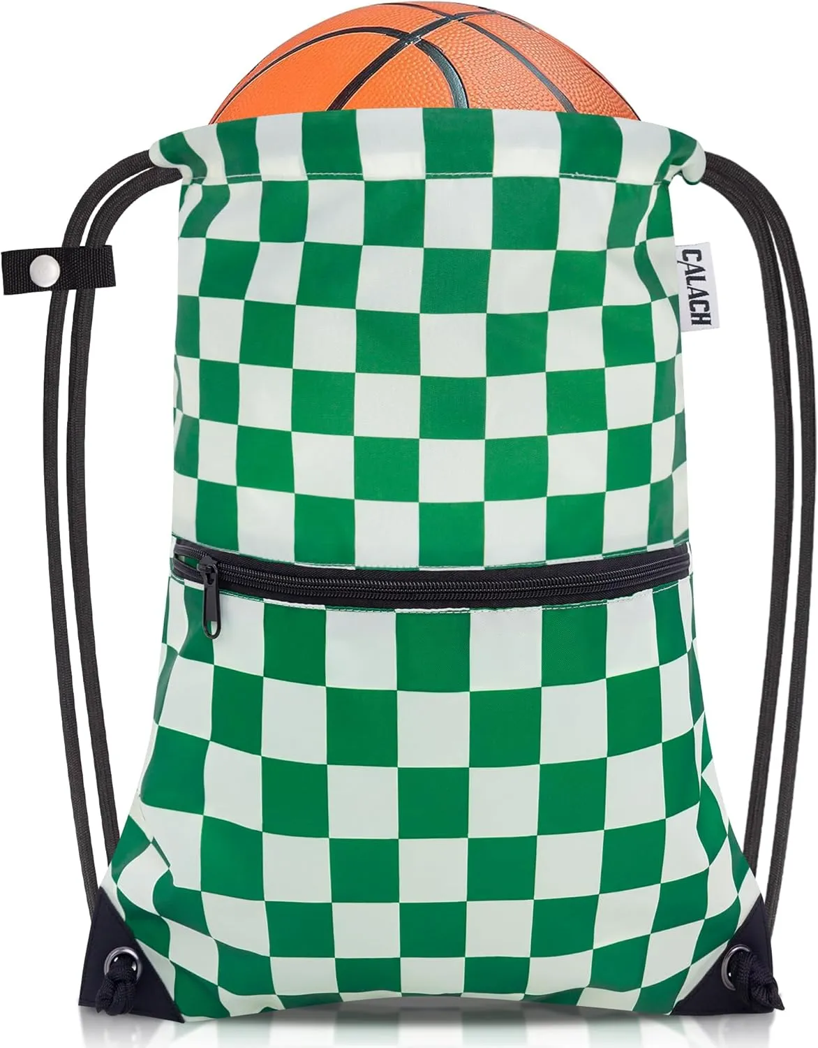 draw string back bag, Large Gym Sports string backpack for men and women with front zipper pocket(Greencheckered)