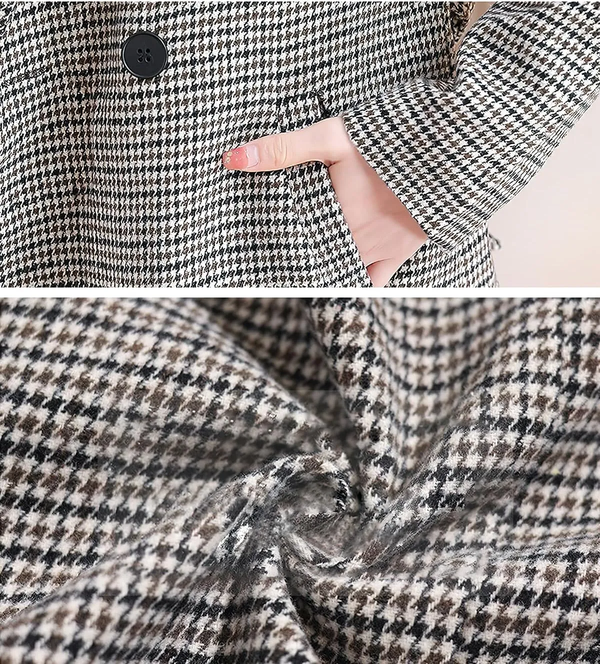 ebossy Womens Classic Notch Lapel Houndstooth Plaid Blazer Jacket Slim Wool Blend Coat with Belt