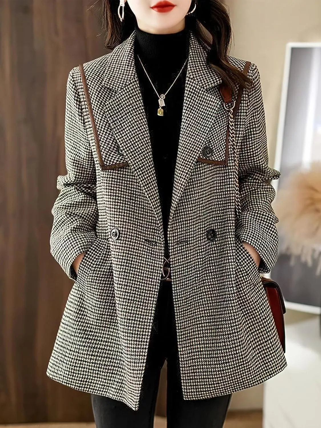 ebossy Womens Classic Notch Lapel Houndstooth Plaid Blazer Jacket Slim Wool Blend Coat with Belt