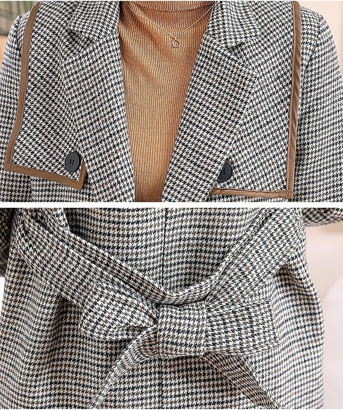 ebossy Womens Classic Notch Lapel Houndstooth Plaid Blazer Jacket Slim Wool Blend Coat with Belt