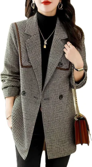 ebossy Womens Classic Notch Lapel Houndstooth Plaid Blazer Jacket Slim Wool Blend Coat with Belt