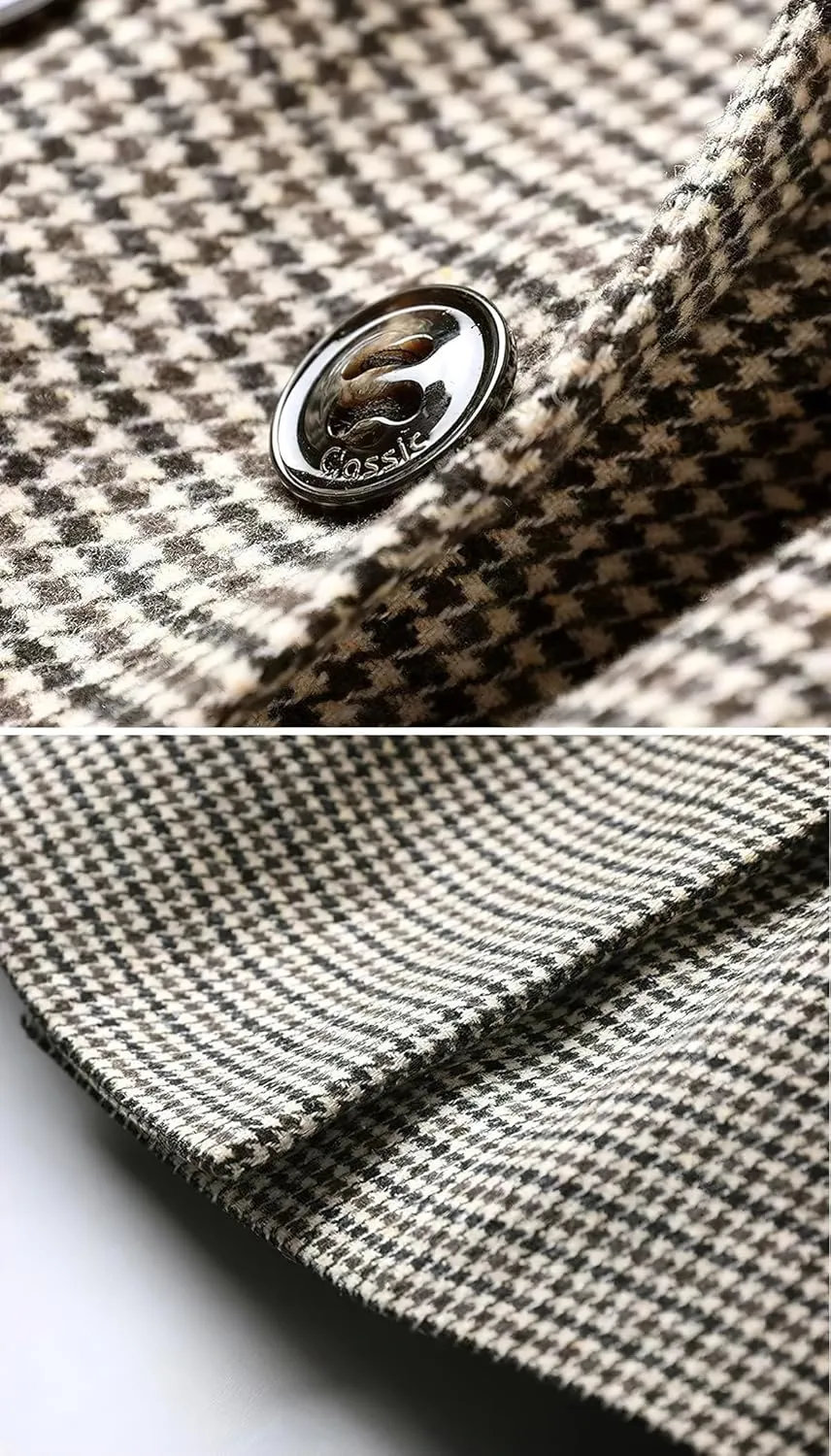 ebossy Womens Classic Notch Lapel Houndstooth Plaid Blazer Jacket Slim Wool Blend Coat with Belt