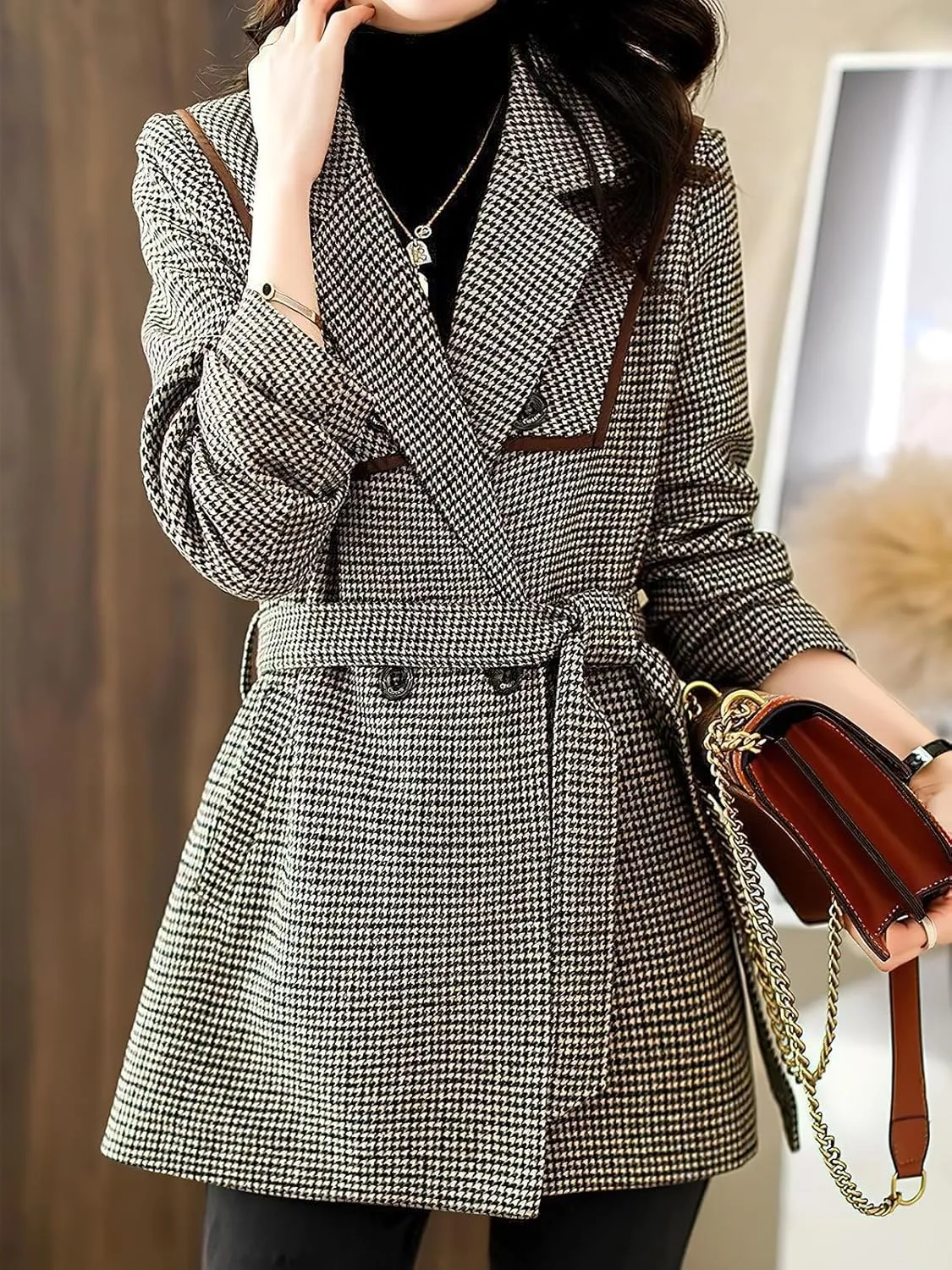 ebossy Womens Classic Notch Lapel Houndstooth Plaid Blazer Jacket Slim Wool Blend Coat with Belt