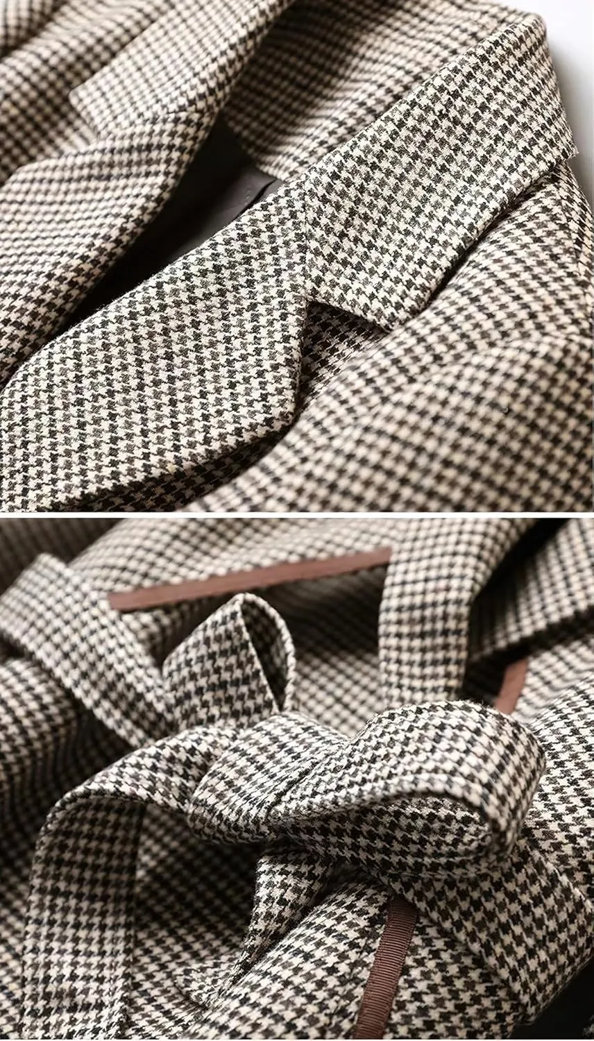 ebossy Womens Classic Notch Lapel Houndstooth Plaid Blazer Jacket Slim Wool Blend Coat with Belt