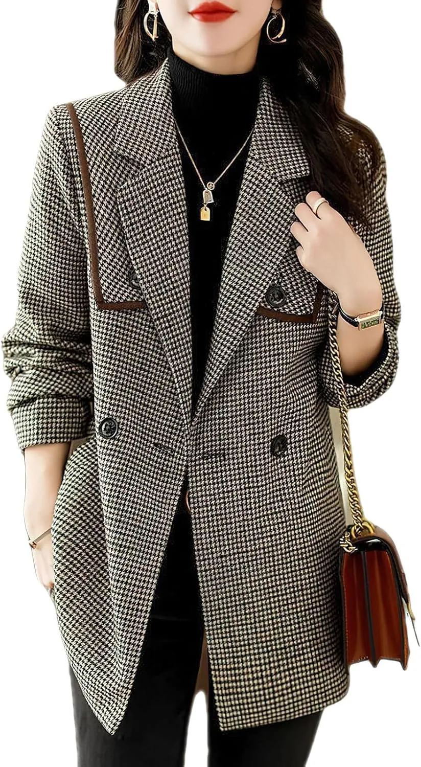 ebossy Womens Classic Notch Lapel Houndstooth Plaid Blazer Jacket Slim Wool Blend Coat with Belt