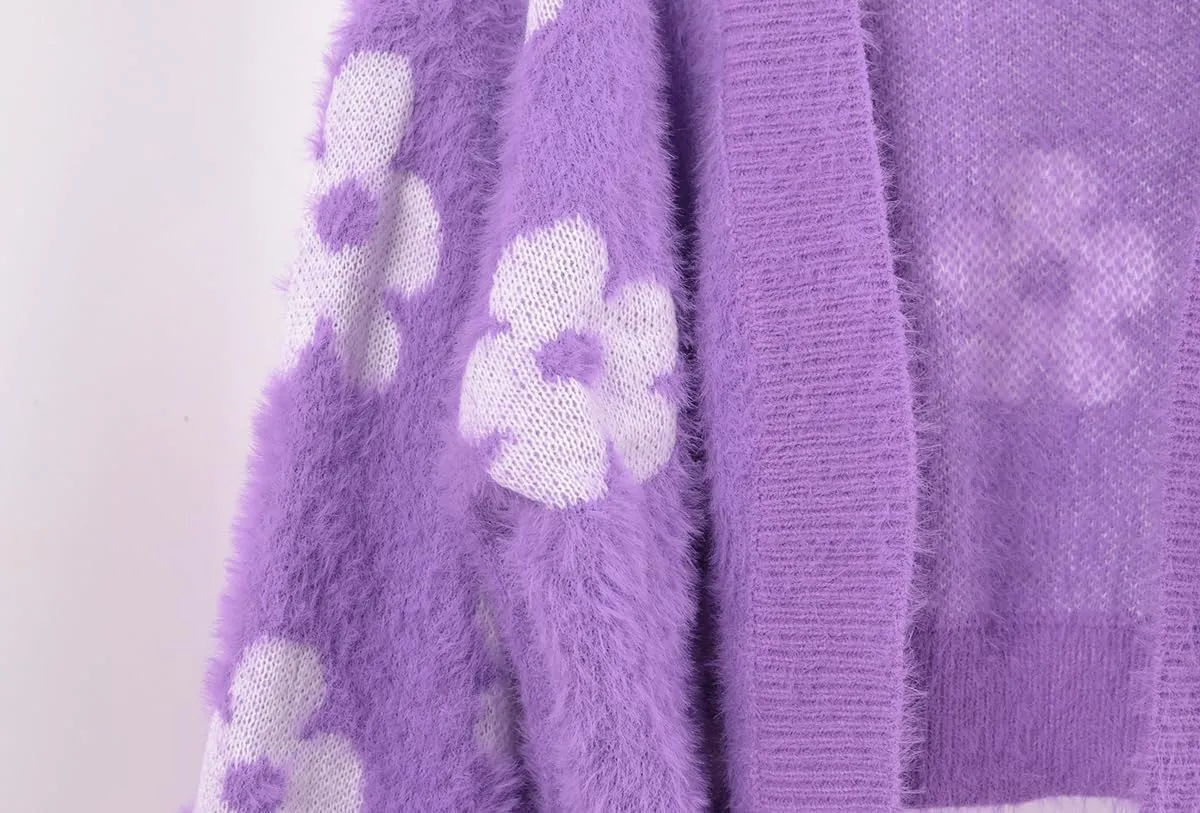 ebossy Women's Cute Cropped Daisy Knit Cardigan Fuzzy Furry Open Front Lantern Sleeve Sweater Coat