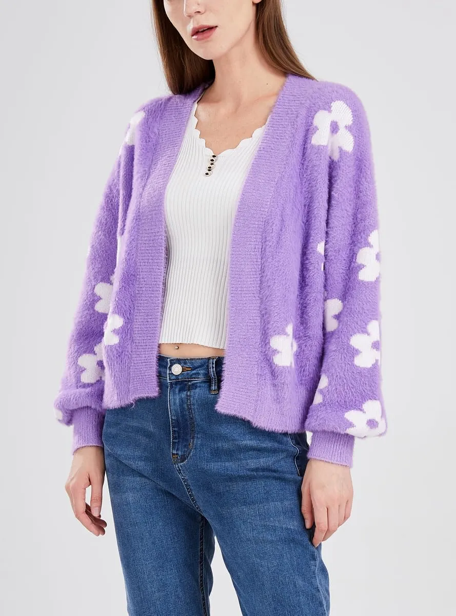 ebossy Women's Cute Cropped Daisy Knit Cardigan Fuzzy Furry Open Front Lantern Sleeve Sweater Coat