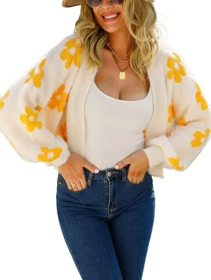 ebossy Women's Cute Cropped Daisy Knit Cardigan Fuzzy Furry Open Front Lantern Sleeve Sweater Coat