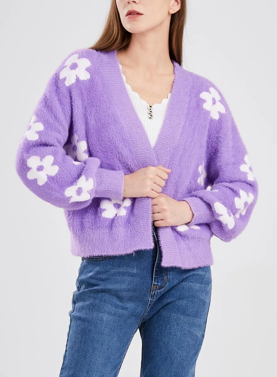 ebossy Women's Cute Cropped Daisy Knit Cardigan Fuzzy Furry Open Front Lantern Sleeve Sweater Coat